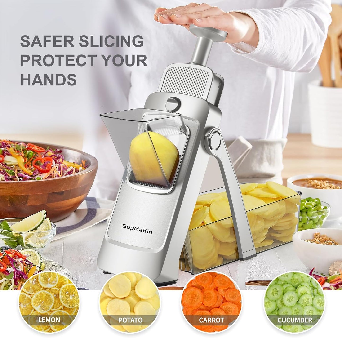 SupMaKin Safe Mandoline Slicer for Kitchen,Adjustable Potato Slicer 1-8 mm | for Vegetables Fruits Slicer with Container, Stainless Steel Blades,Faster Slicer Artifact Kitchen Gadgets Dishwasher Gifts