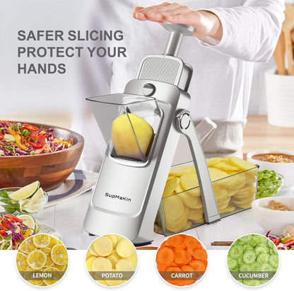 SupMaKin Safe Mandoline Slicer for Kitchen,Adjustable Potato Slicer 1-8 mm | for Vegetables Fruits Slicer with Container, Stainless Steel Blades,Faster Slicer Artifact Kitchen Gadgets Dishwasher Gifts