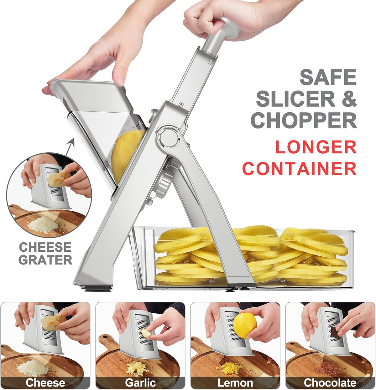 SupMaKin Safe Mandoline Slicer for Kitchen,Adjustable Potato Slicer 1-8 mm | for Vegetables Fruits Slicer with Container, Stainless Steel Blades,Faster Slicer Artifact Kitchen Gadgets Dishwasher Gifts