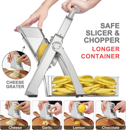 SupMaKin Safe Mandoline Slicer for Kitchen,Adjustable Potato Slicer 1-8 mm | for Vegetables Fruits Slicer with Container, Stainless Steel Blades,Faster Slicer Artifact Kitchen Gadgets Dishwasher Gifts