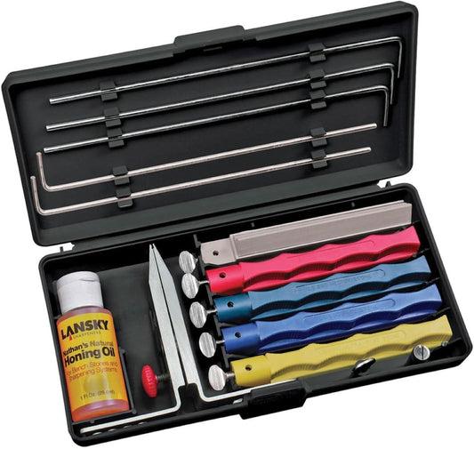 Professional Sharpening System with Coarse, Medium, Ultra Fine, and Serrated Medium Hones | 5-Hone Guided System: COARSE120, MED280, FINE600, Ultra-Fine1000, Med Serrated, Flip-over Clamp, Guide Rods, Oil, Case