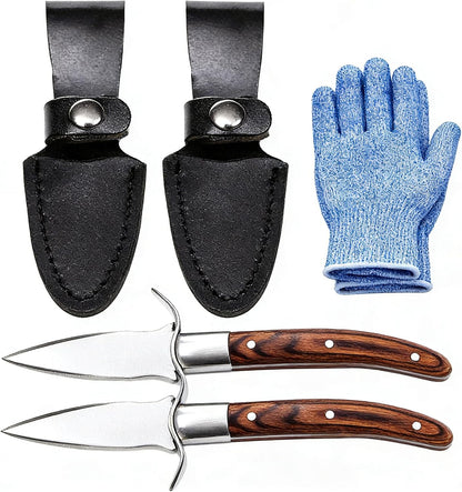2 PACK Oyster Shucking Knife and Glove Kit – Stainless Steel Seafood Opener with Wood Handle