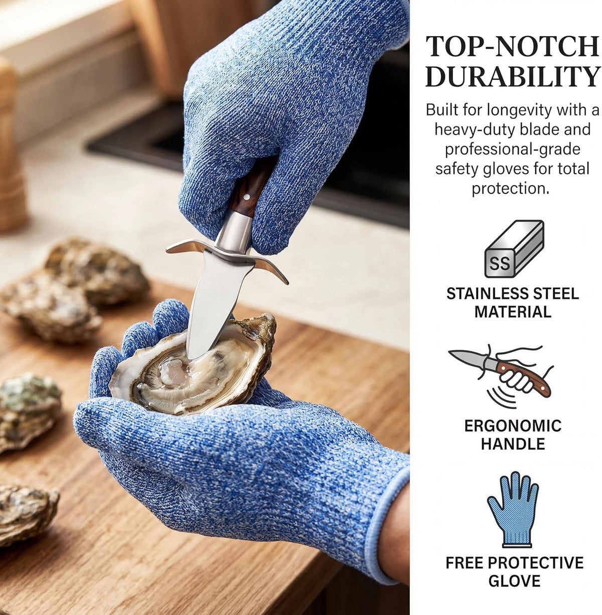 2 PACK Oyster Shucking Knife and Glove Kit – Stainless Steel Seafood Opener with Wood Handle