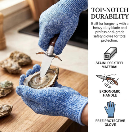 2 PACK Oyster Shucking Knife and Glove Kit – Stainless Steel Seafood Opener with Wood Handle