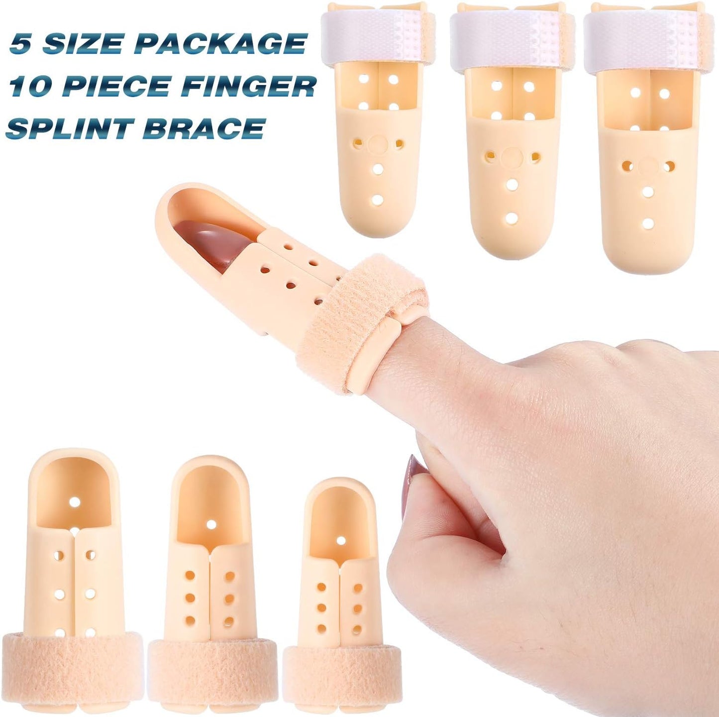 10 Pcs Mallet Finger Splint, 5 Sizes Finger Support Brace Stabilizer Straightener Plastic Fingertip Protectors Arthritis Knuckle Immobilization for Thumb Pinky Middle Index Ring(Beige)
