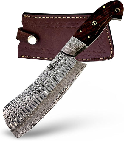 Handmade Nakiri Chef Knife 9.4" | Damascus Steel Full Tang Blade 5.5" | Rose Wood Handle & Leather Sheath | Sharp Japanese Chef Knife for Cooking, Chopping & Kitchen Use
