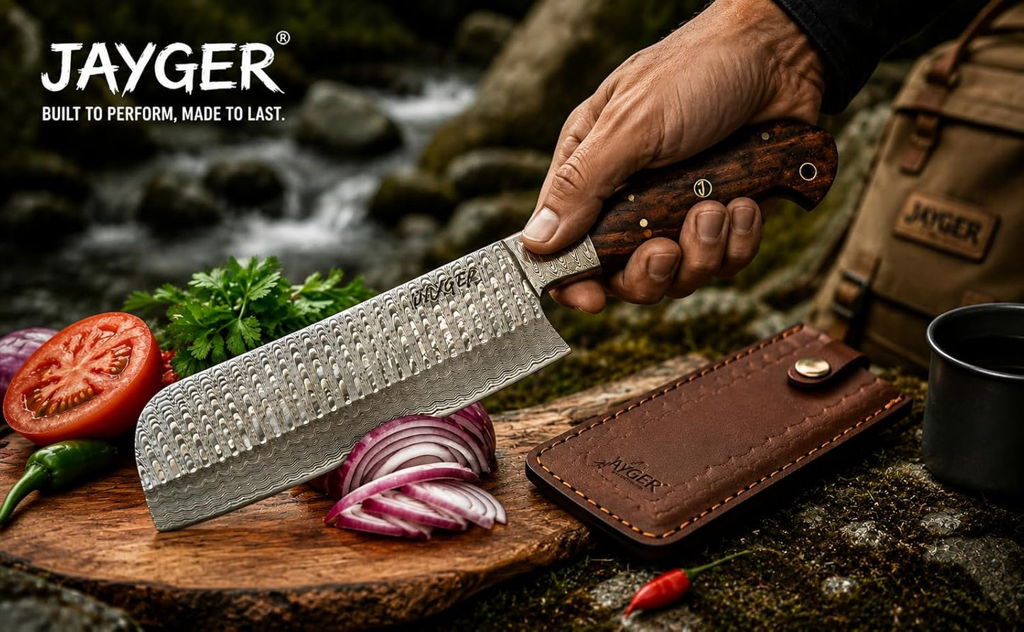 Handmade Nakiri Chef Knife 9.4" | Damascus Steel Full Tang Blade 5.5" | Rose Wood Handle & Leather Sheath | Sharp Japanese Chef Knife for Cooking, Chopping & Kitchen Use