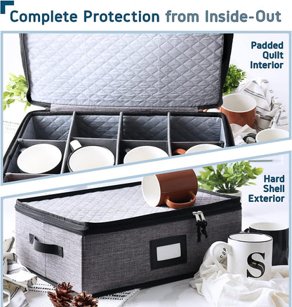 Platter Storage Case, Fine China Storage Containers Hard Shell, Quilted and Stackable 16”x 12.5”x 3.5” Platter Storage Container with Zipper, Handles and Felt Dividers for Moving and Seasonal Storage