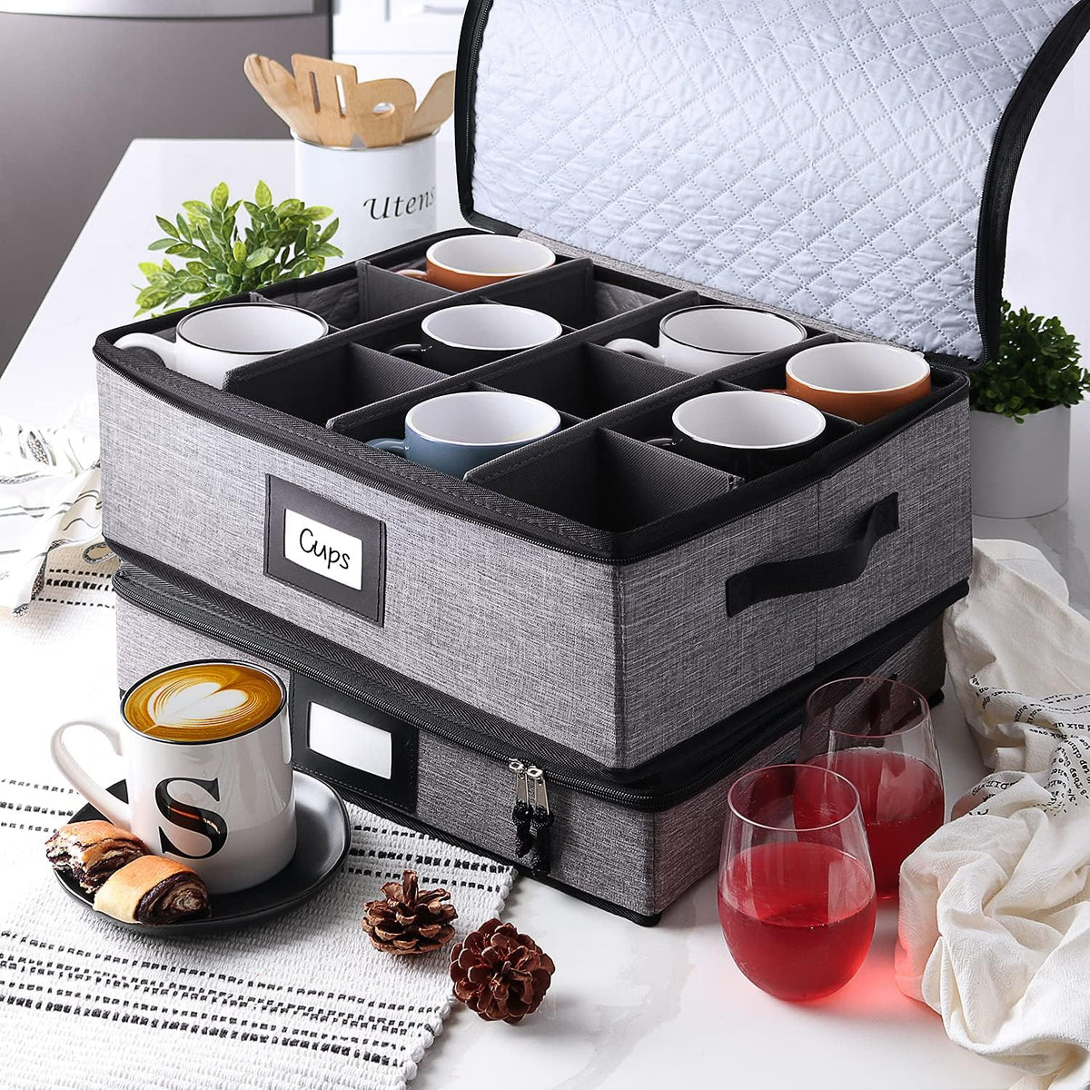 Platter Storage Case, Fine China Storage Containers Hard Shell, Quilted and Stackable 16”x 12.5”x 3.5” Platter Storage Container with Zipper, Handles and Felt Dividers for Moving and Seasonal Storage