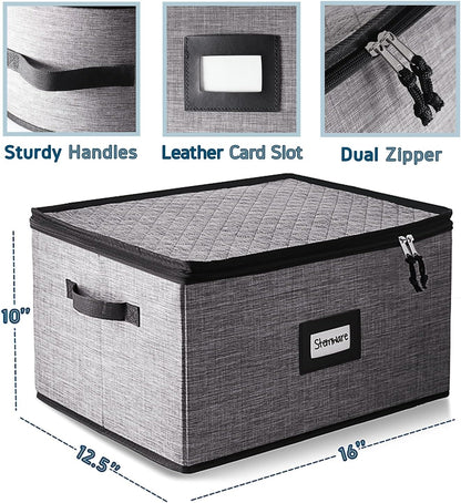 Platter Storage Case, Fine China Storage Containers Hard Shell, Quilted and Stackable 16”x 12.5”x 3.5” Platter Storage Container with Zipper, Handles and Felt Dividers for Moving and Seasonal Storage