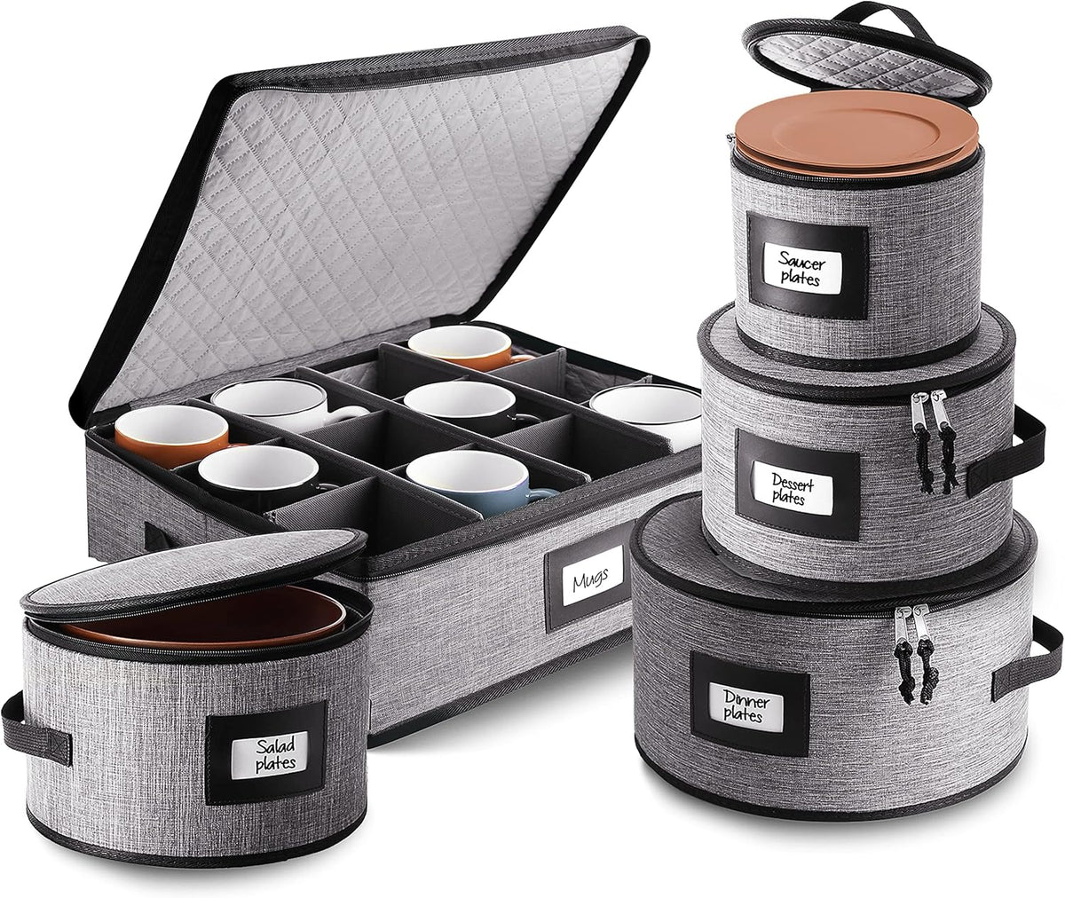 Platter Storage Case, Fine China Storage Containers Hard Shell, Quilted and Stackable 16”x 12.5”x 3.5” Platter Storage Container with Zipper, Handles and Felt Dividers for Moving and Seasonal Storage