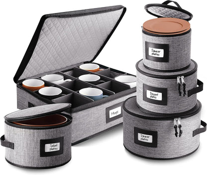 Platter Storage Case, Fine China Storage Containers Hard Shell, Quilted and Stackable 16”x 12.5”x 3.5” Platter Storage Container with Zipper, Handles and Felt Dividers for Moving and Seasonal Storage