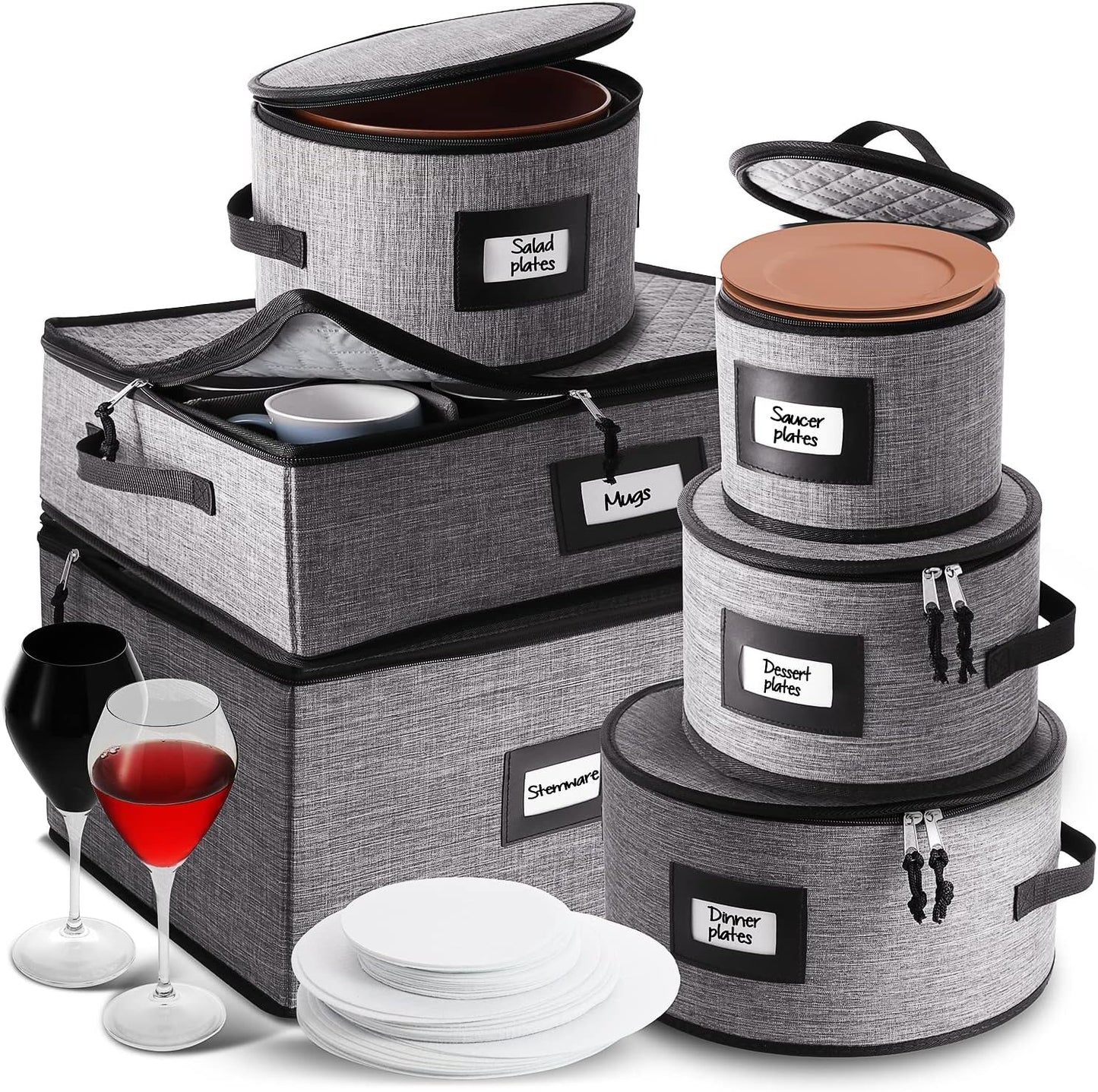 Platter Storage Case, Fine China Storage Containers Hard Shell, Quilted and Stackable 16”x 12.5”x 3.5” Platter Storage Container with Zipper, Handles and Felt Dividers for Moving and Seasonal Storage