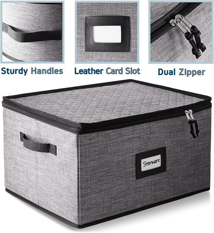 Platter Storage Case, Fine China Storage Containers Hard Shell, Quilted and Stackable 16”x 12.5”x 3.5” Platter Storage Container with Zipper, Handles and Felt Dividers for Moving and Seasonal Storage
