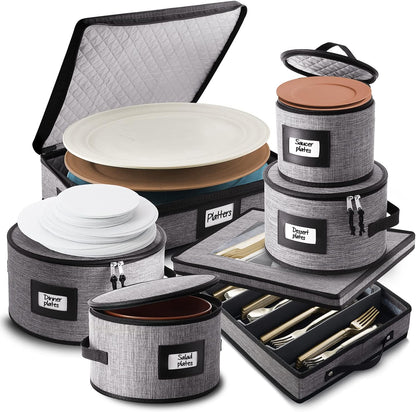 Platter Storage Case, Fine China Storage Containers Hard Shell, Quilted and Stackable 16”x 12.5”x 3.5” Platter Storage Container with Zipper, Handles and Felt Dividers for Moving and Seasonal Storage