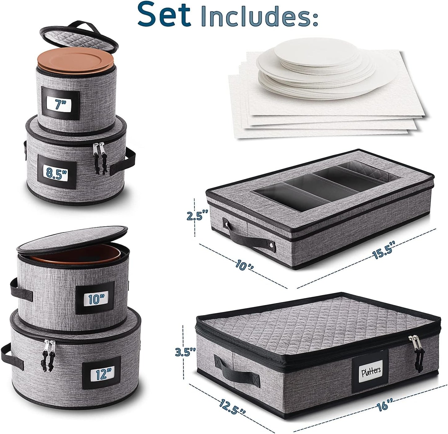Platter Storage Case, Fine China Storage Containers Hard Shell, Quilted and Stackable 16”x 12.5”x 3.5” Platter Storage Container with Zipper, Handles and Felt Dividers for Moving and Seasonal Storage