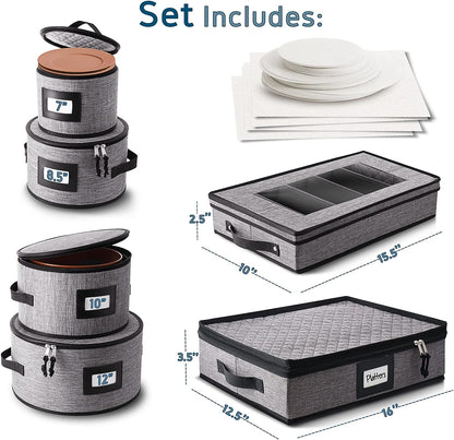 Platter Storage Case, Fine China Storage Containers Hard Shell, Quilted and Stackable 16”x 12.5”x 3.5” Platter Storage Container with Zipper, Handles and Felt Dividers for Moving and Seasonal Storage