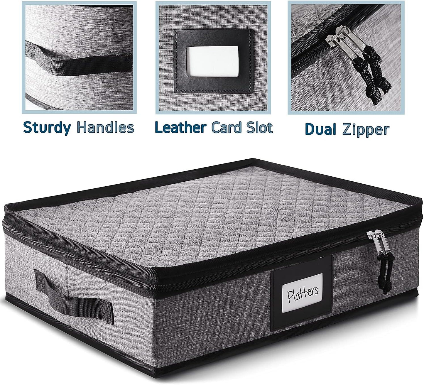 Platter Storage Case, Fine China Storage Containers Hard Shell, Quilted and Stackable 16”x 12.5”x 3.5” Platter Storage Container with Zipper, Handles and Felt Dividers for Moving and Seasonal Storage