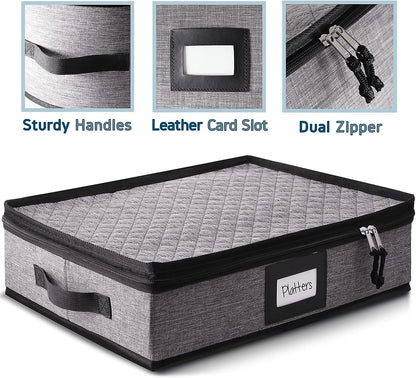 Platter Storage Case, Fine China Storage Containers Hard Shell, Quilted and Stackable 16”x 12.5”x 3.5” Platter Storage Container with Zipper, Handles and Felt Dividers for Moving and Seasonal Storage
