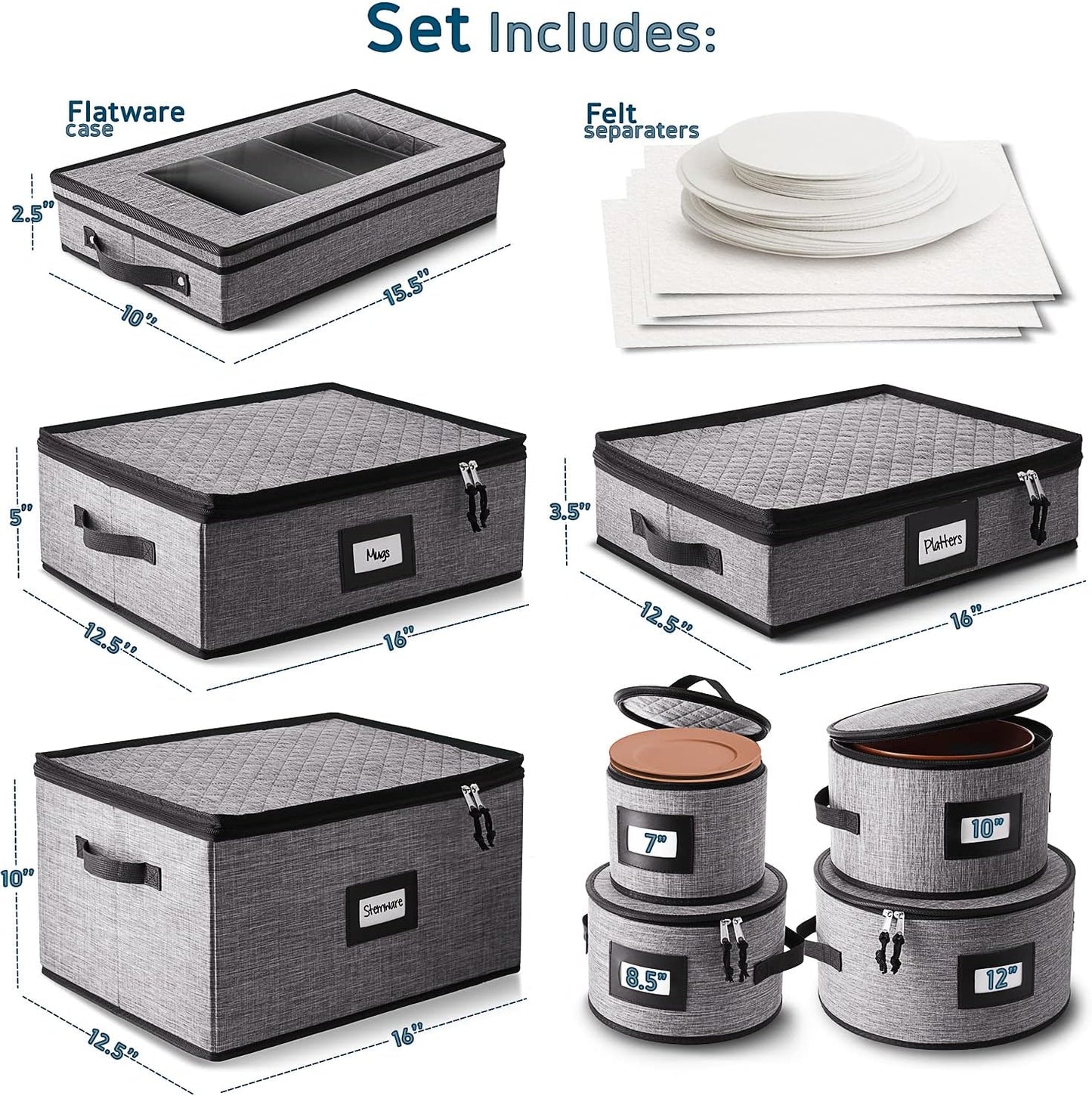 Platter Storage Case, Fine China Storage Containers Hard Shell, Quilted and Stackable 16”x 12.5”x 3.5” Platter Storage Container with Zipper, Handles and Felt Dividers for Moving and Seasonal Storage