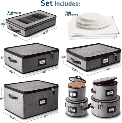 Platter Storage Case, Fine China Storage Containers Hard Shell, Quilted and Stackable 16”x 12.5”x 3.5” Platter Storage Container with Zipper, Handles and Felt Dividers for Moving and Seasonal Storage
