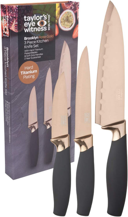 Kitchen Knife Gift Set - Brooklyn . Rose Gold Colored Bolsters, Matching Finely Ground Razor Sharp Titanium Coated Blades. Soft Grip Handles. 2yr Peace of Mind