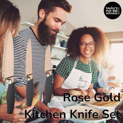 Kitchen Knife Gift Set - Brooklyn . Rose Gold Colored Bolsters, Matching Finely Ground Razor Sharp Titanium Coated Blades. Soft Grip Handles. 2yr Peace of Mind