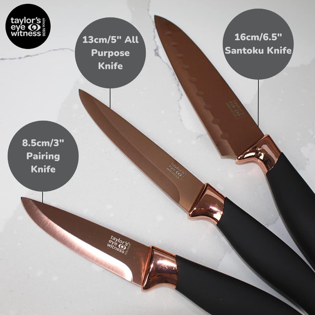 Kitchen Knife Gift Set - Brooklyn . Rose Gold Colored Bolsters, Matching Finely Ground Razor Sharp Titanium Coated Blades. Soft Grip Handles. 2yr Peace of Mind