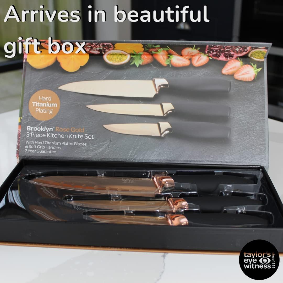 Kitchen Knife Gift Set - Brooklyn . Rose Gold Colored Bolsters, Matching Finely Ground Razor Sharp Titanium Coated Blades. Soft Grip Handles. 2yr Peace of Mind