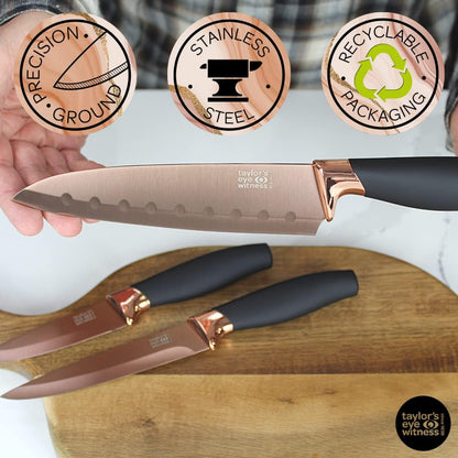 Kitchen Knife Gift Set - Brooklyn . Rose Gold Colored Bolsters, Matching Finely Ground Razor Sharp Titanium Coated Blades. Soft Grip Handles. 2yr Peace of Mind