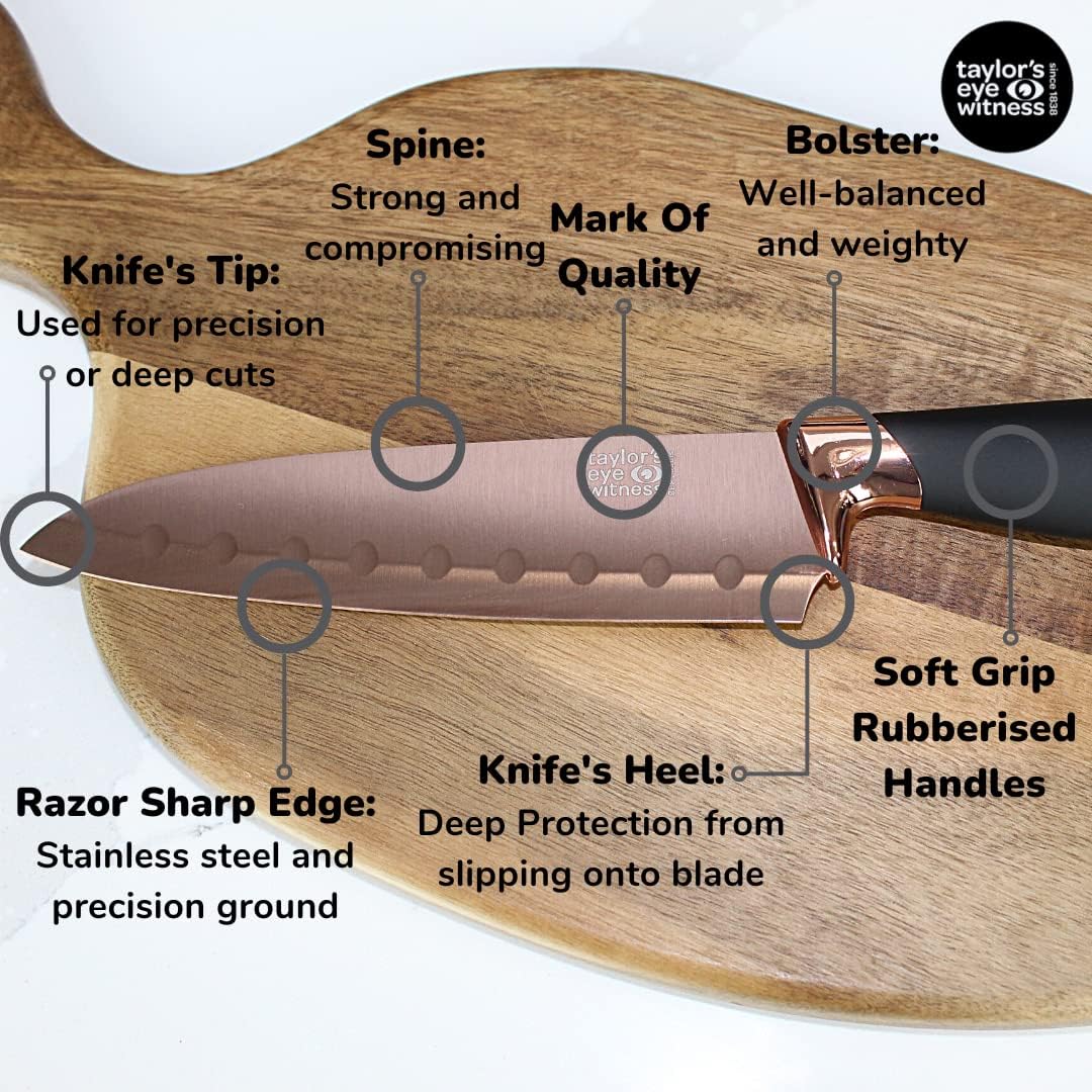 Kitchen Knife Gift Set - Brooklyn . Rose Gold Colored Bolsters, Matching Finely Ground Razor Sharp Titanium Coated Blades. Soft Grip Handles. 2yr Peace of Mind