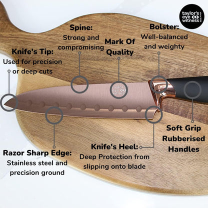 Kitchen Knife Gift Set - Brooklyn . Rose Gold Colored Bolsters, Matching Finely Ground Razor Sharp Titanium Coated Blades. Soft Grip Handles. 2yr Peace of Mind