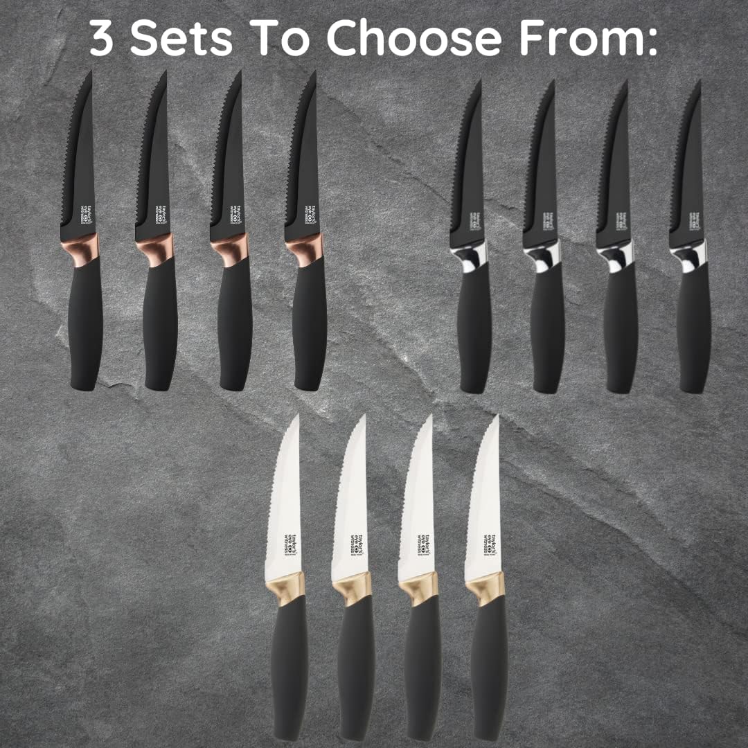 Kitchen Knife Gift Set - Brooklyn . Rose Gold Colored Bolsters, Matching Finely Ground Razor Sharp Titanium Coated Blades. Soft Grip Handles. 2yr Peace of Mind