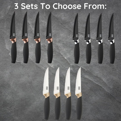 Kitchen Knife Gift Set - Brooklyn . Rose Gold Colored Bolsters, Matching Finely Ground Razor Sharp Titanium Coated Blades. Soft Grip Handles. 2yr Peace of Mind