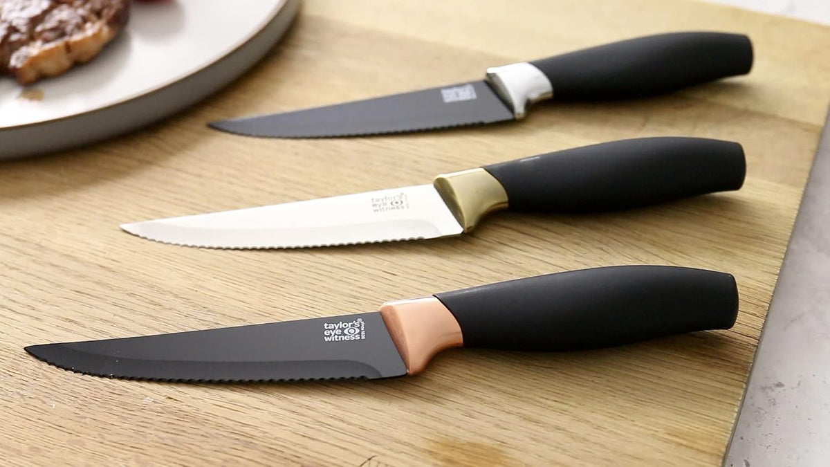 Kitchen Knife Gift Set - Brooklyn . Rose Gold Colored Bolsters, Matching Finely Ground Razor Sharp Titanium Coated Blades. Soft Grip Handles. 2yr Peace of Mind