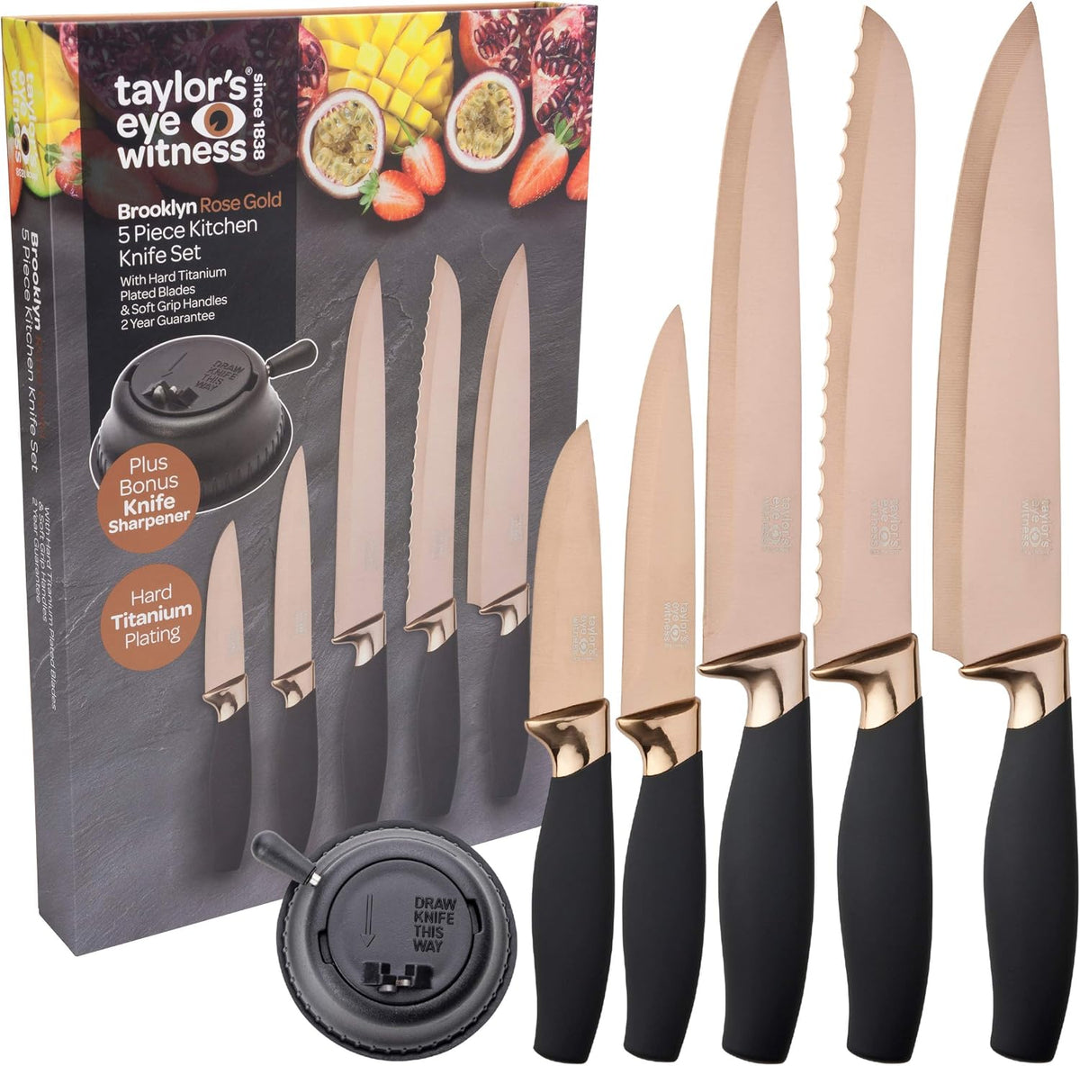 Kitchen Knife Gift Set - Brooklyn . Rose Gold Colored Bolsters, Matching Finely Ground Razor Sharp Titanium Coated Blades. Soft Grip Handles. 2yr Peace of Mind