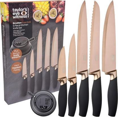 Kitchen Knife Gift Set - Brooklyn . Rose Gold Colored Bolsters, Matching Finely Ground Razor Sharp Titanium Coated Blades. Soft Grip Handles. 2yr Peace of Mind
