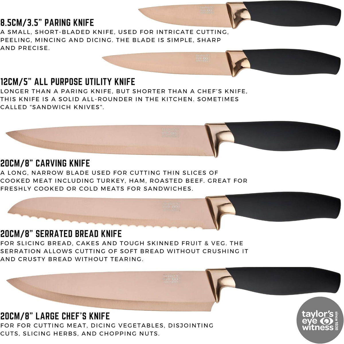 Kitchen Knife Gift Set - Brooklyn . Rose Gold Colored Bolsters, Matching Finely Ground Razor Sharp Titanium Coated Blades. Soft Grip Handles. 2yr Peace of Mind