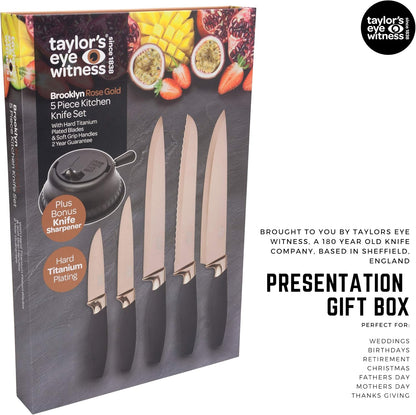 Kitchen Knife Gift Set - Brooklyn . Rose Gold Colored Bolsters, Matching Finely Ground Razor Sharp Titanium Coated Blades. Soft Grip Handles. 2yr Peace of Mind