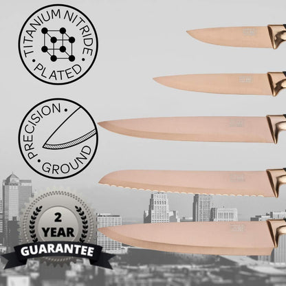 Kitchen Knife Gift Set - Brooklyn . Rose Gold Colored Bolsters, Matching Finely Ground Razor Sharp Titanium Coated Blades. Soft Grip Handles. 2yr Peace of Mind
