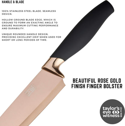 Kitchen Knife Gift Set - Brooklyn . Rose Gold Colored Bolsters, Matching Finely Ground Razor Sharp Titanium Coated Blades. Soft Grip Handles. 2yr Peace of Mind