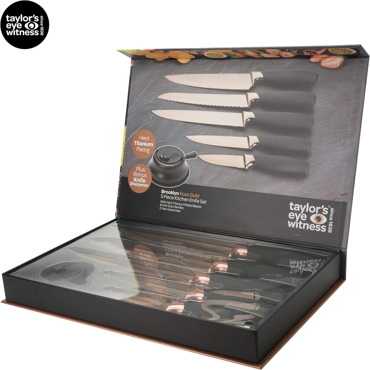 Kitchen Knife Gift Set - Brooklyn . Rose Gold Colored Bolsters, Matching Finely Ground Razor Sharp Titanium Coated Blades. Soft Grip Handles. 2yr Peace of Mind