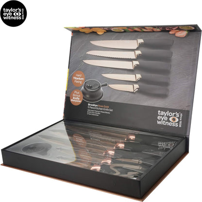 Kitchen Knife Gift Set - Brooklyn . Rose Gold Colored Bolsters, Matching Finely Ground Razor Sharp Titanium Coated Blades. Soft Grip Handles. 2yr Peace of Mind