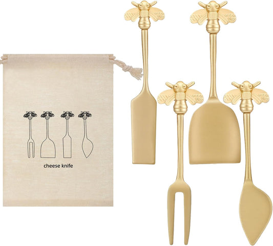 Set of 4 Bee Cheese Knives Set with Bag Cheese Spreaders Bee Brass Knives Slicer and Butter Cutter for Charcuterie Boards Accessories