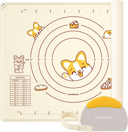 Silicone Baking Mat Sheet and Pastry Dough Cutter, 0.5 Inch Thick 20'' X 16" BPA free Silicone Rolling Mat, Non-Stick and Anti-Slip, Dishwasher Safe (Beige)