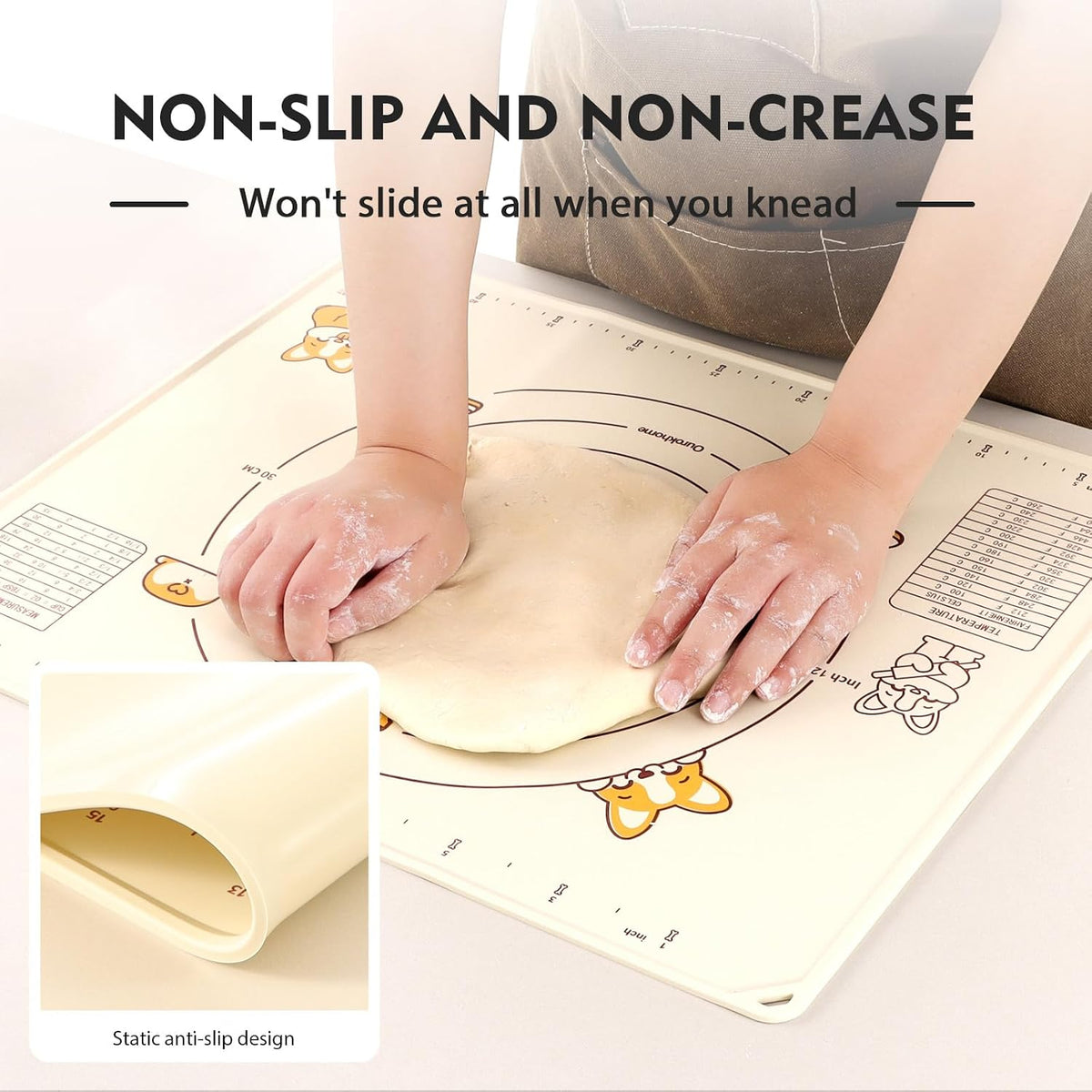 Silicone Baking Mat Sheet and Pastry Dough Cutter, 0.5 Inch Thick 20'' X 16" BPA free Silicone Rolling Mat, Non-Stick and Anti-Slip, Dishwasher Safe (Beige)