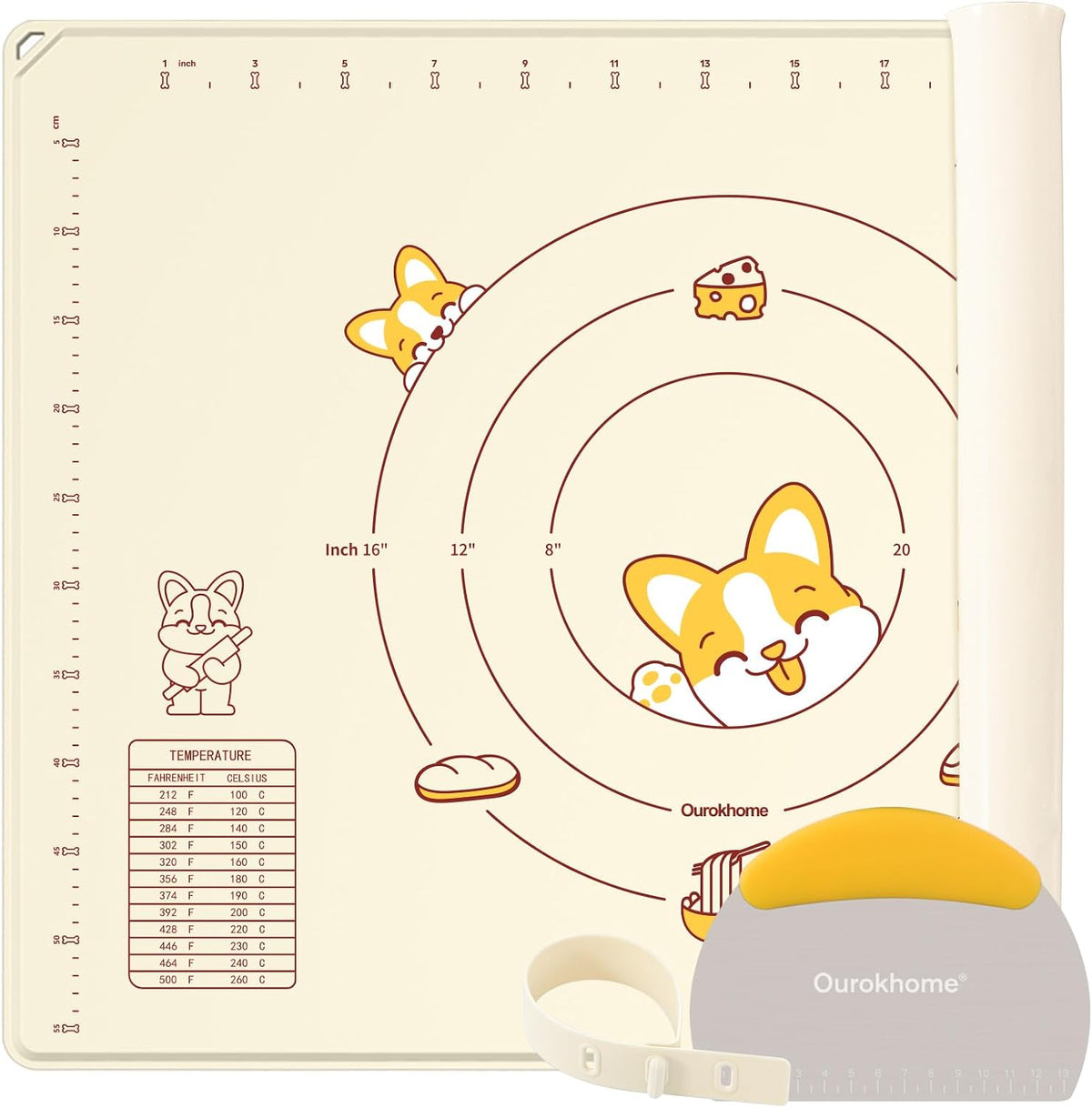 Silicone Baking Mat Sheet and Pastry Dough Cutter, 0.5 Inch Thick 20'' X 16" BPA free Silicone Rolling Mat, Non-Stick and Anti-Slip, Dishwasher Safe (Beige)