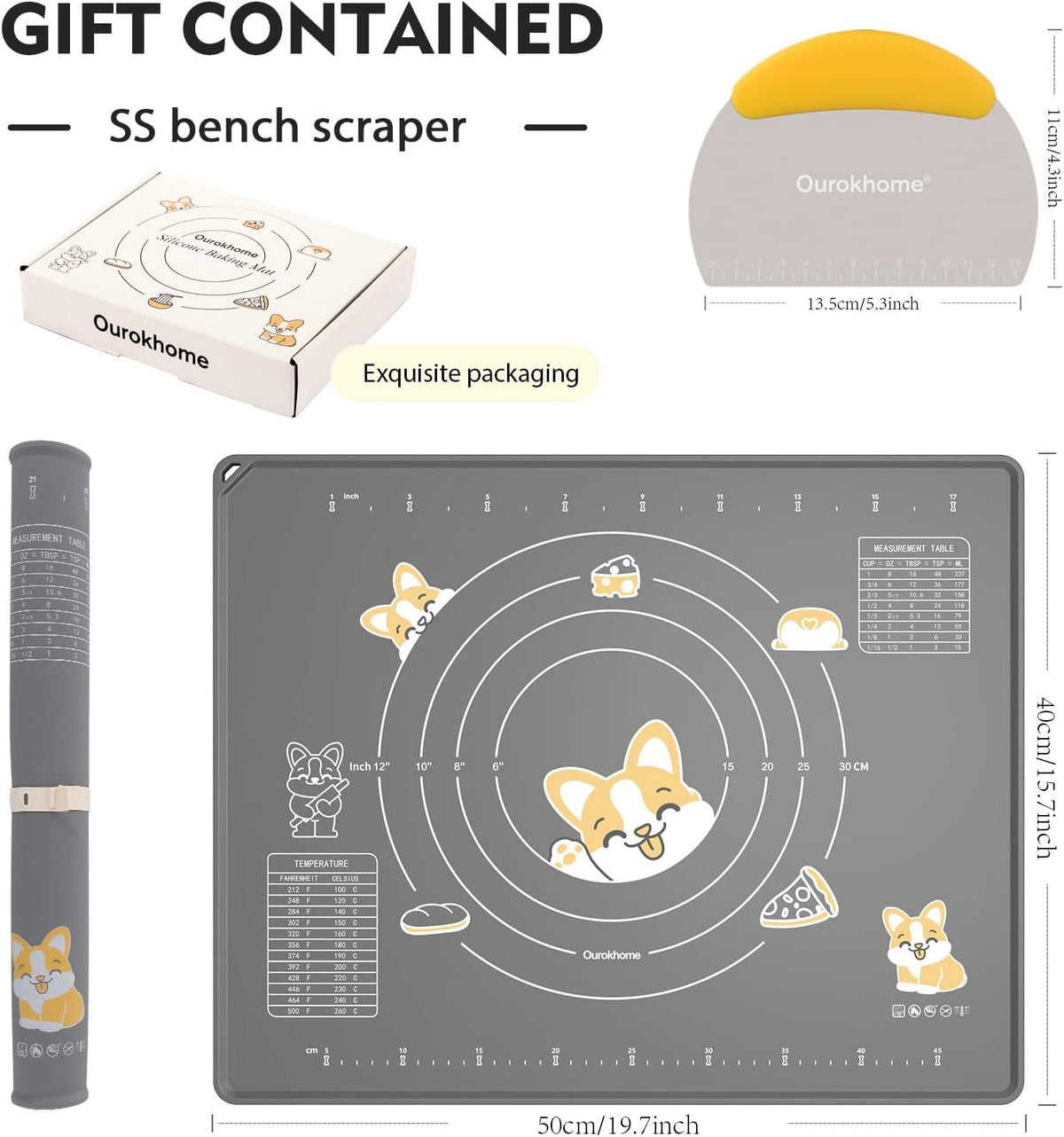 Silicone Baking Mat Sheet and Pastry Dough Cutter, 0.5 Inch Thick 20'' X 16" BPA free Silicone Rolling Mat, Non-Stick and Anti-Slip, Dishwasher Safe (Beige)