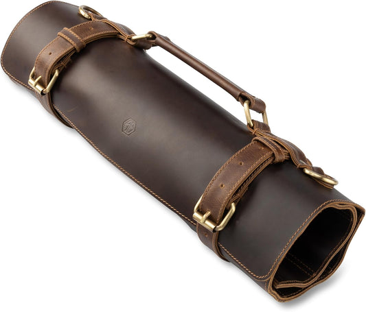 knife bag - XL knife roll storage case and extras, premium buffalo leather, chef's bag Ethan (Brown)
