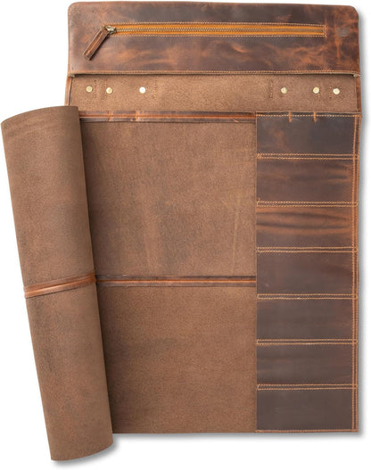 knife bag - XL knife roll storage case and extras, premium buffalo leather, chef's bag Ethan (Brown)